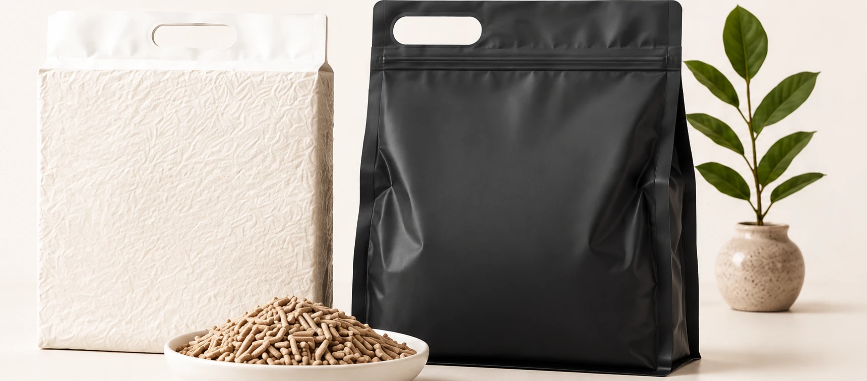 Neutral cat litter packaging examples: cream single-layer vacuum bag and charcoal eight-side-seal stand-up pouch