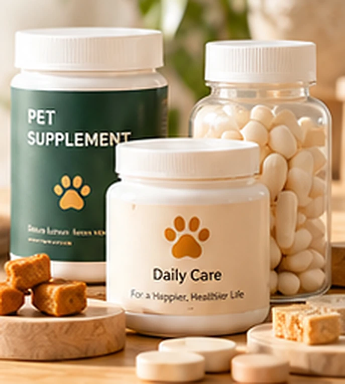 Pet supplement bottles, packets and soft chews