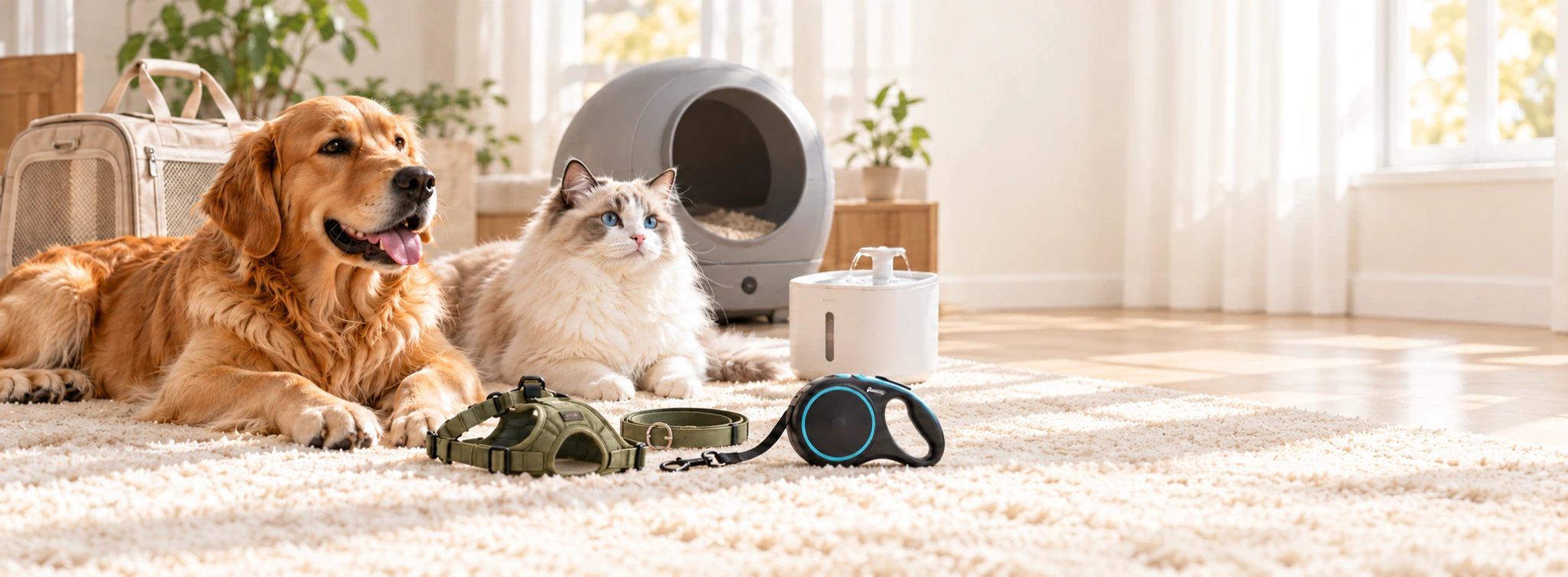 Golden retriever and cat with an automatic litter box, carrier, fountain, harness and leash