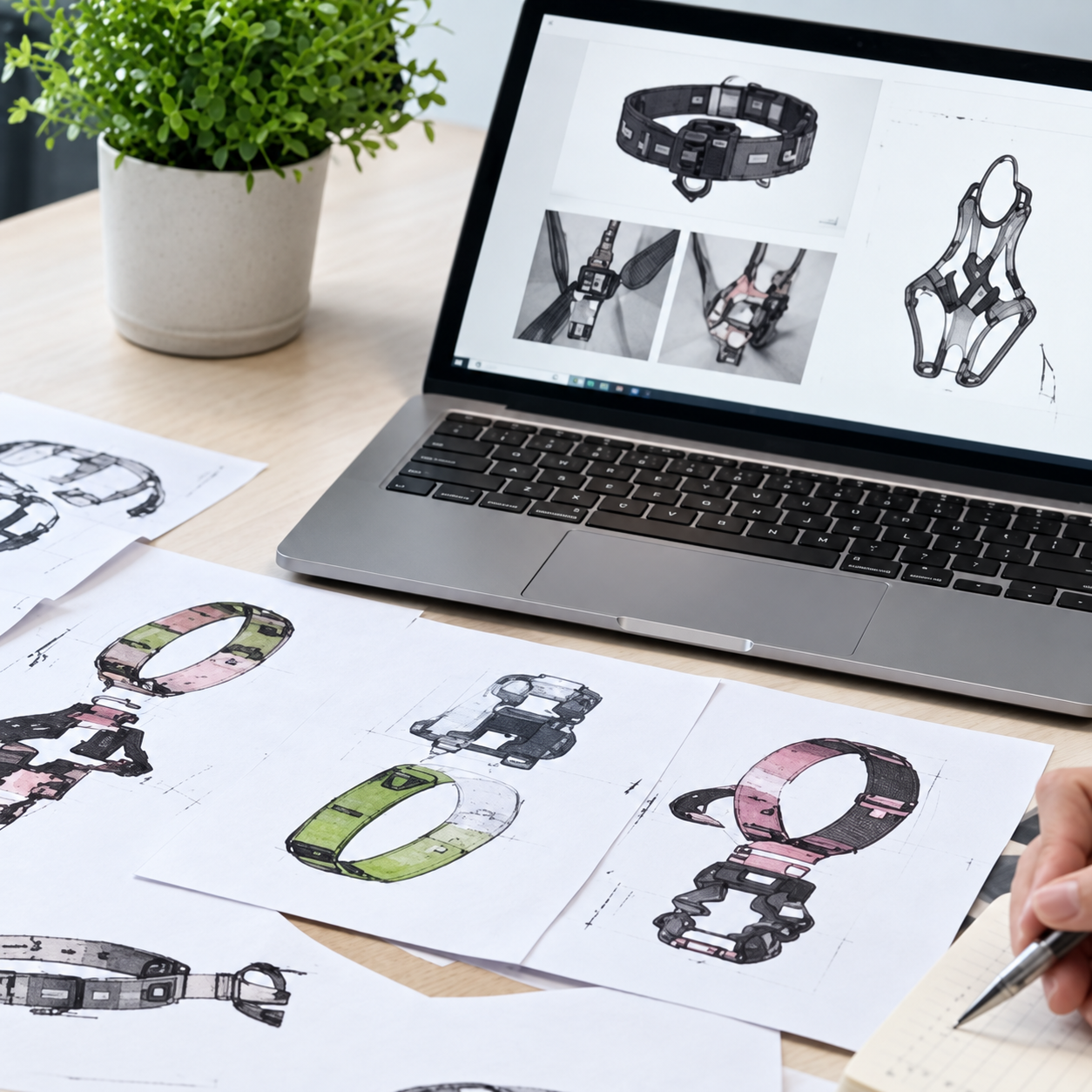 Custom pet collar and harness product development sketches