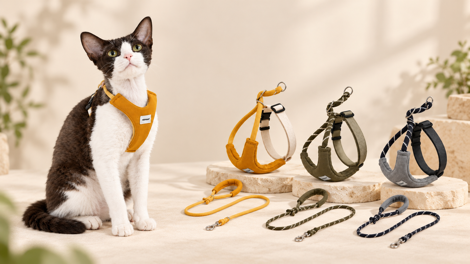 Cat harness and leash sets in three colours with a cat wearing a yellow harness